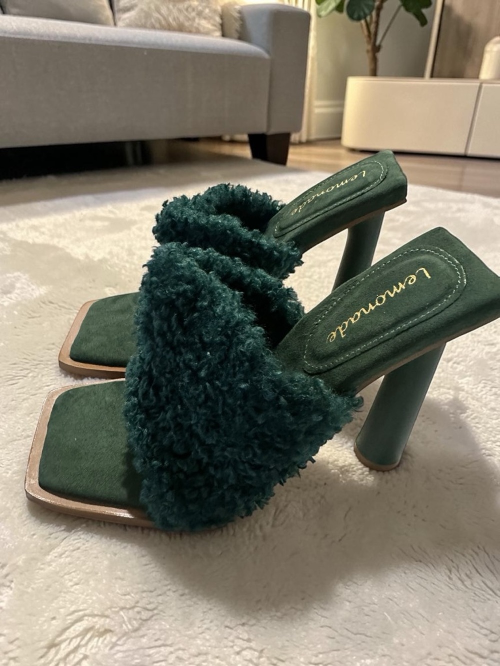Lemon Deep Green Faux-Shearling High Heel Mules - Size 6.5
